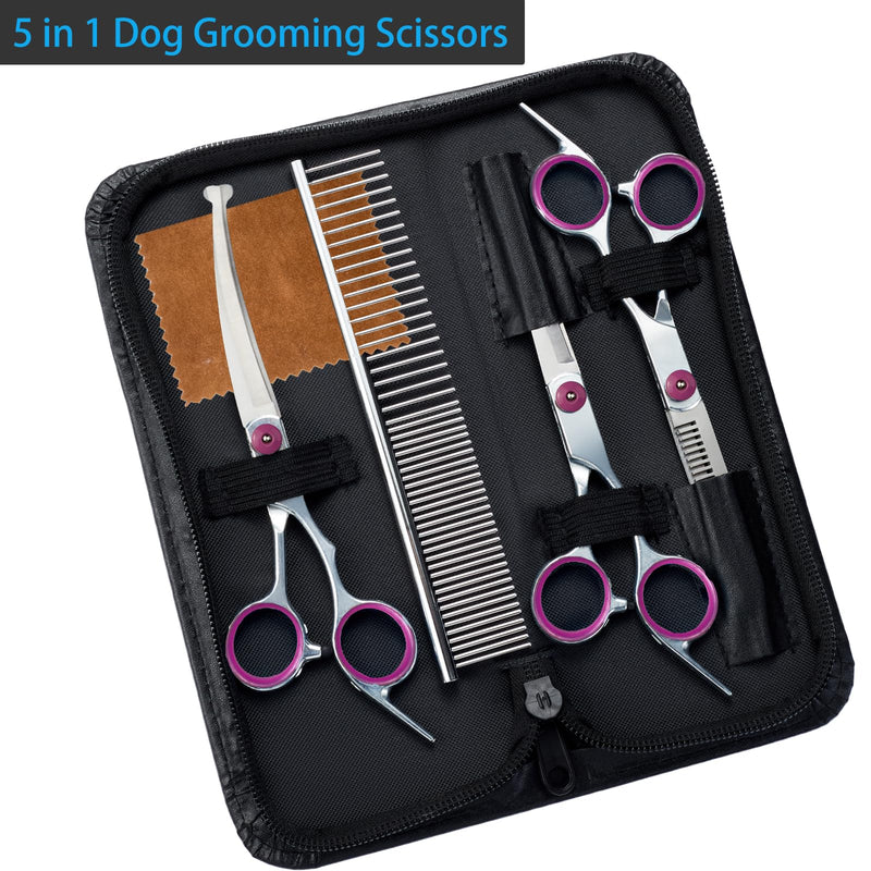 5 in 1 Premium Dog Grooming Scissors, Professional Dog Scissors for Grooming with Safety Round Tips, Lengnoyp Stainless Steel Thinning Shears, Pet Cat Shears for Grooming Kit, Pink Black - PawsPlanet Australia