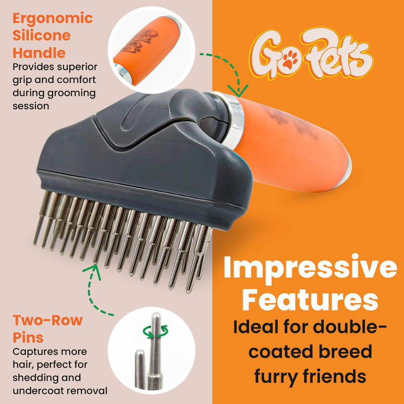 GoPets Double Row Dematting Rake for Dogs & Cats, Undercoat Grooming Brush, Safe Deshedding & Shedding Tool for Thick & Long Coats, Removes Mats & Tangles, Ideal for long-haired dogs