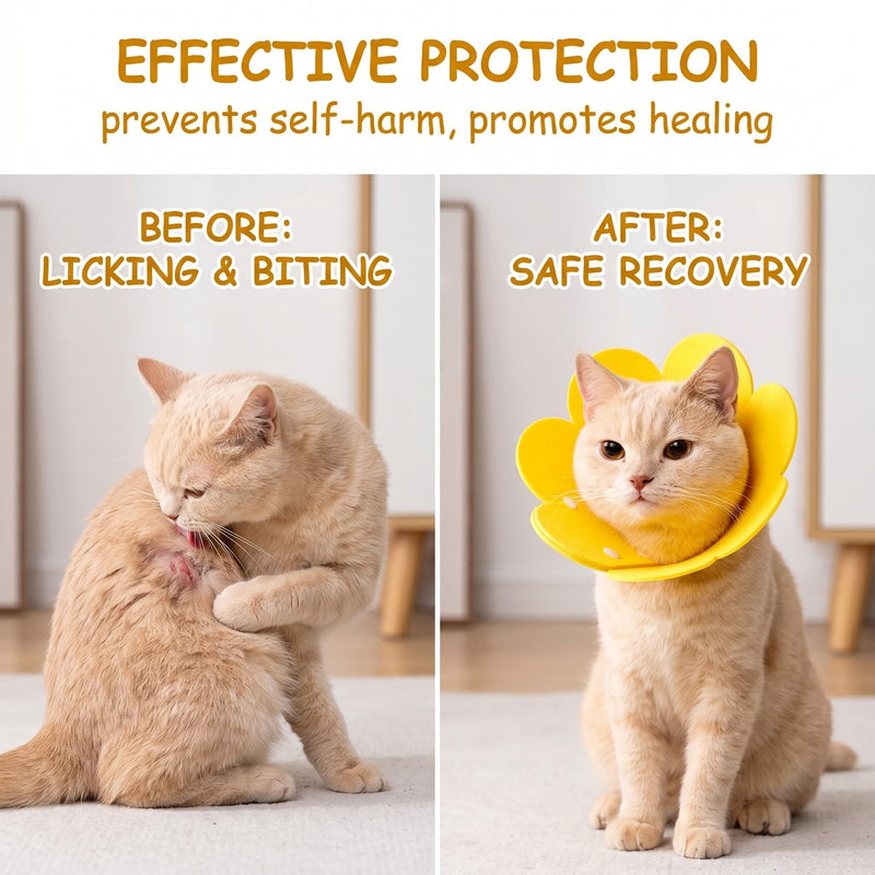 Yellow cat neck collar, 1 piece. Soft lick protection collar for cats 6-9 kg, Elizabethan neck collar with sunflower design. Post-surgery use.