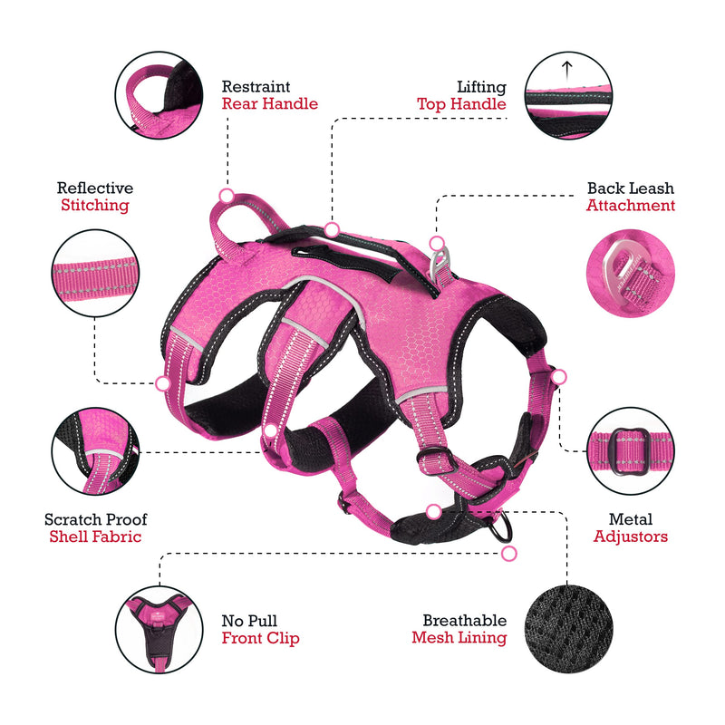 Tuff Pupper Updated for 2024 - Tracker No Escape Dog Harness | Dual Escape Proof Leash Attachments | 5 Point Adjustable Fit Harness for Dogs | Padded Dog Harness for Comfort | Handle Dog Lift Harness Medium (Neck: 18-21" , Chest: 21-28") Hot Pink - PawsPlanet Australia