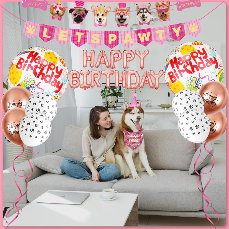 Dog Birthday Decorations Girl, Dog Birthday Party Supplies, Dog Birthday Bandana Pink Dog Birthday Hat with Numbers, Dog Birthday Banner LETS PAWTY and HAPPY BIRTHDAY Balloons Dog Birthday Girl Outfit - PawsPlanet Australia