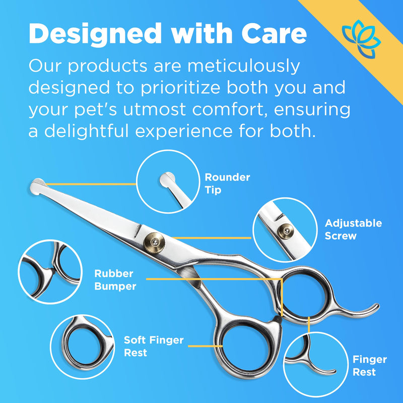 Equinox Dog Grooming Scissors & Deshedder - 7 in 1 Pet Grooming Scissors Set with undercoat brush - Curved Dog Scissors with safety tips - Includes Thinning & Rounded Shears - For dogs & cats Silver- Pet Grooming - PawsPlanet Australia