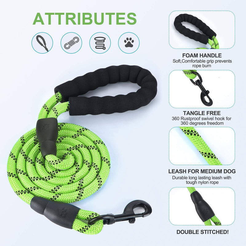 5ft 1/2in Strong Green Dog Leash - Highly Reflective Heavy Duty Rope Leash with Soft Padded Anti-Slip Handle - for 18-120 lbs Dogs 1/2" x 5 FT(18~120 lbs.) Light Green - PawsPlanet Australia