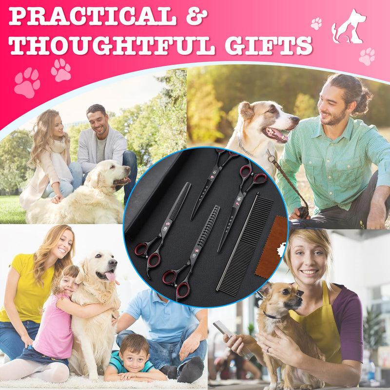 Dream Reach 7" Dog Grooming Scissors Kit, Professional 6 in 1 Dog Scissors Sharp and Durable Shears Set Thinning, Chunker, Straight, Curved Shears and Comb for Pet, Pink 7 In