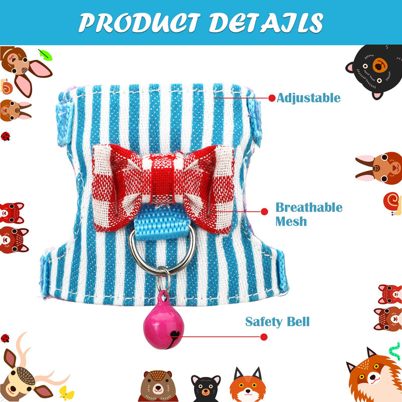 SATINIOR 2 Pieces Small Hamster Harness and Leash Set, Guinea Pig Clothes with Bowknot Bell and Bell Decor, No Pulling Comfort Padded Vest Striped for Guinea Pig Hamster Ferret Rats Blue Stripe S - PawsPlanet Australia