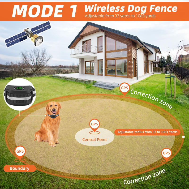 2-in-1 GPS Wireless Dog Fence & Remote Training Collar, Portable Pet Containment System, Electric Dog Fence, Beep/Vibration/Shock Correction Mode, for Dogs Over 18 Lbs