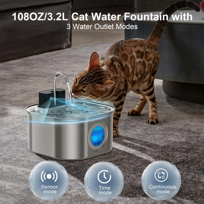 Wireless Cat Water Fountain，[Rechargeable & Faucet ] Stainless Steel Battery Operated Cat Water Fountain, 108oz/ 3.2l Automatic Cordless Pet Fountain -Dog Fountain with 4200 Mah Battery Wireless cat fountain - PawsPlanet Australia