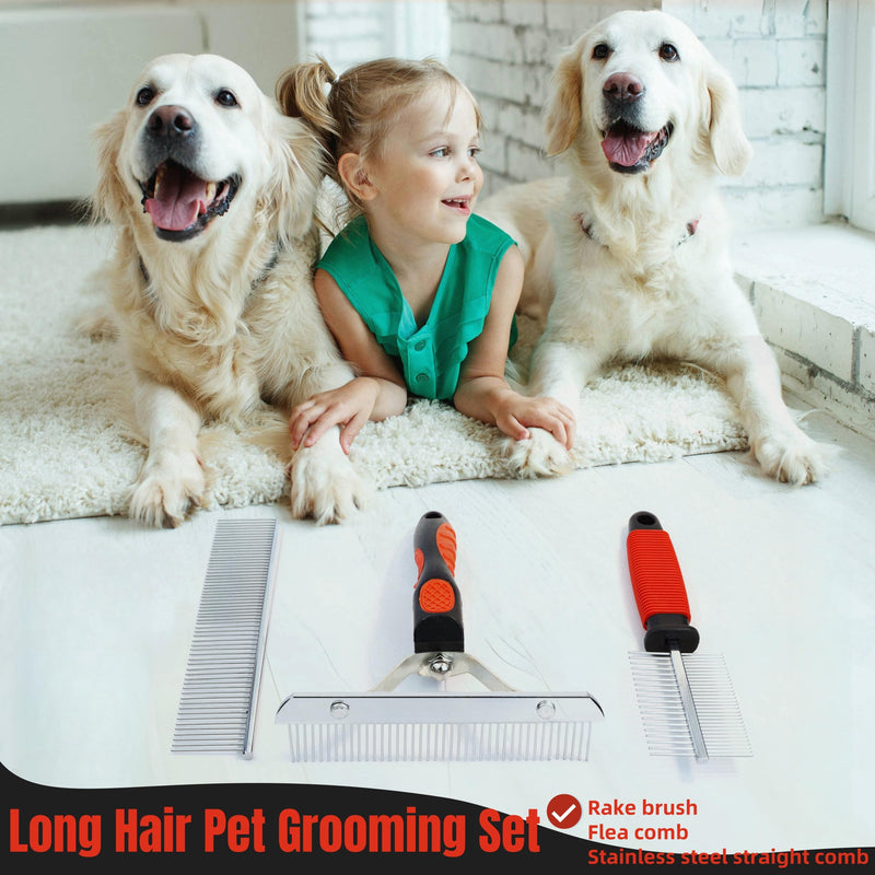 Undercoat Rake Brush Set, 3 Pack Long-Tooth Pet Brush - Dog Rake Brush & Steel Shedding Comb & Double-Sided Teech Comb for Double Coat Large Dogs, Horses - PawsPlanet Australia