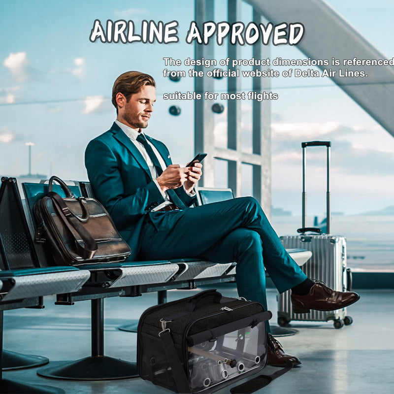 Suertree Bird Carrier Airline Approved, Bird Travel Cage with Indestructible Stainless Steel Mesh, Bird Travel Bag Lightweight and Portable with Water Bottle and Bowl Black