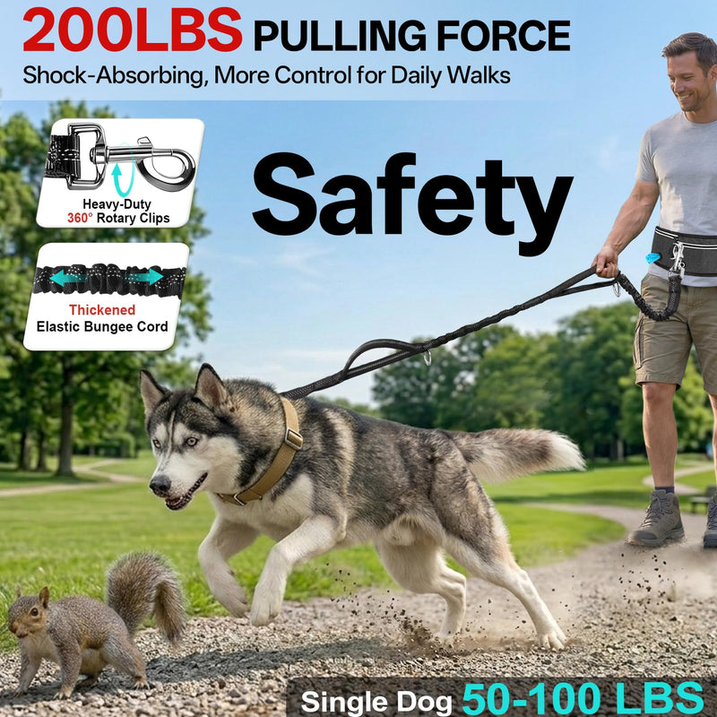 Hands Free Double Dog Leash for Two Dogs,Upgrade 200LB Heavy Duty Retractable with Slim Partitioned Waist Pouch,Adjustable Waist for Medium Large Dog Park Walking Jogging Hiking Biking Training 2 Leashes
