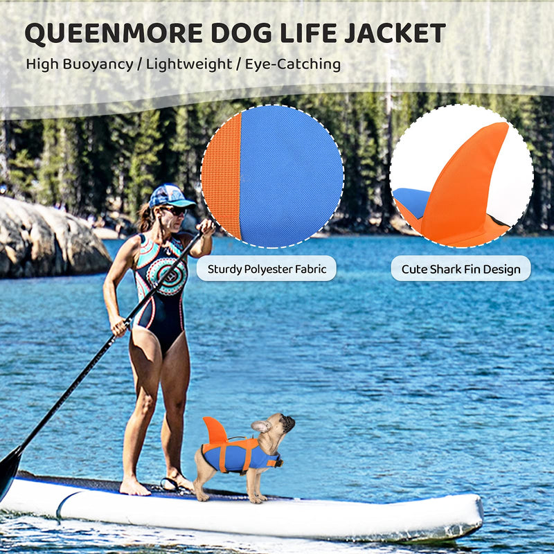 Queenmore Dog Life Jacket, Adjustable Dog Life Vest, Pet Lifesaver for Swimming, Shark Life Jacket with Rescue Handle, Rip-Stop Safety Vest for Small Medium Large Dogs Orange