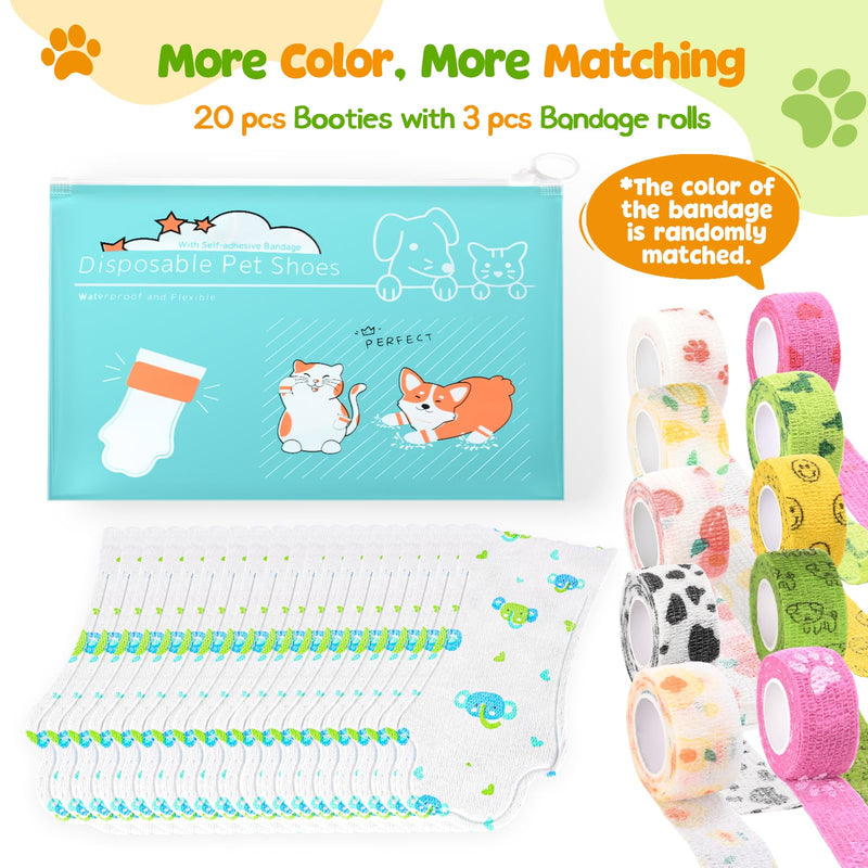 Disposable Dog Socks Waterproof, Dog Paw Protectors Prevent Licking, 20pcs Boots Cover & 3pcs Paw Bandage, Lightweight Shoes for Small Medium Large Dogs in Rain Snow Winter Summer Outdoors(Green, S) blue-green S, Paw Width:1.2-1.8inch - PawsPlanet Australia