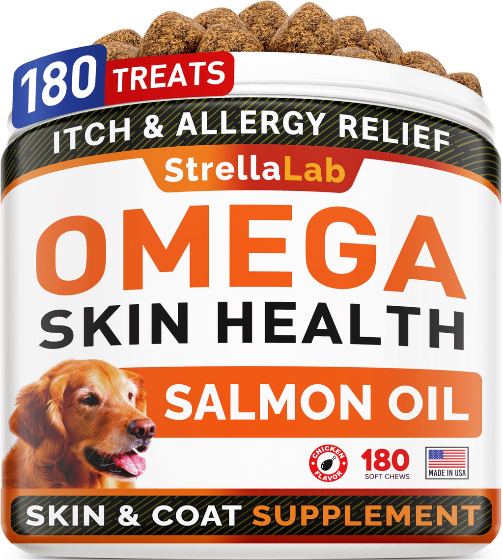 StrellaLab Omega 3 for Dogs - (180Ct) Fish Oil Treats - Allergy & Itch Relief Skin&Coat Supplement - Dry Itchy Skin, Shedding, Hot Spots Treatment, Anti Itch - Pet Salmon Oil Chews - Chicken Flavor 180Ct Skin Health Treats