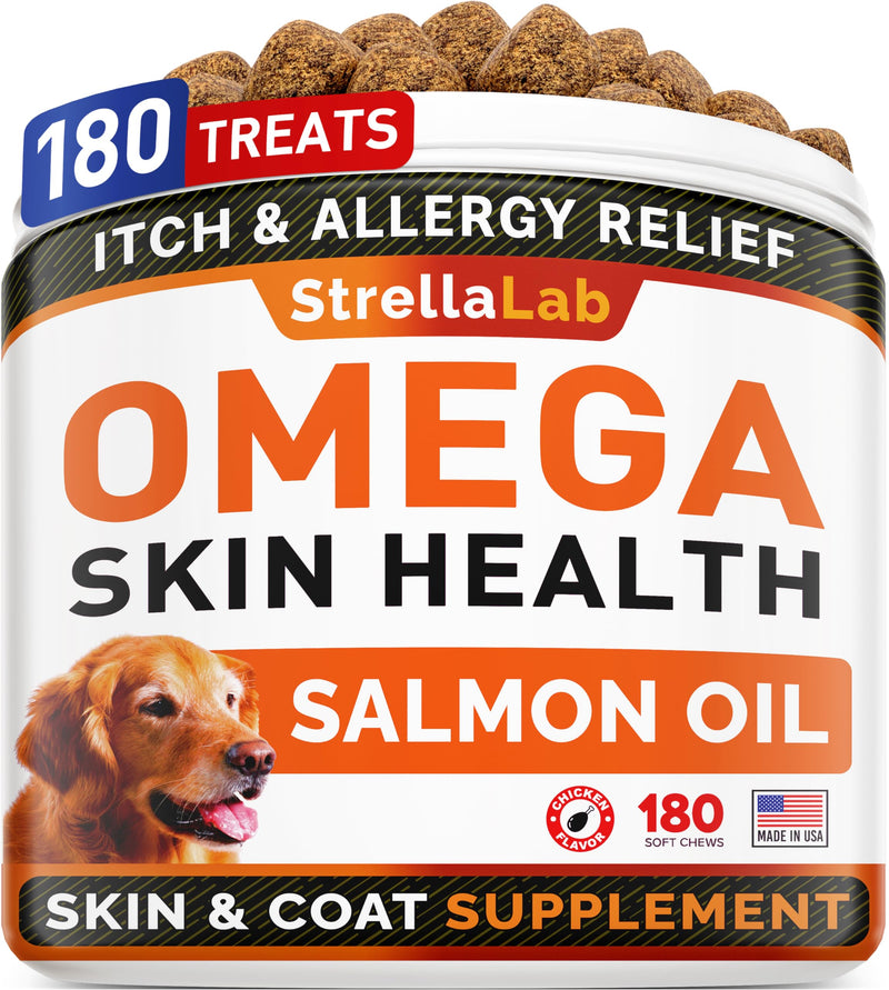 StrellaLab Omega 3 for Dogs - (180Ct) Fish Oil Treats - Allergy & Itch Relief Skin&Coat Supplement - Dry Itchy Skin, Shedding, Hot Spots Treatment, Anti Itch - Pet Salmon Oil Chews - Chicken Flavor 180Ct Skin Health Treats