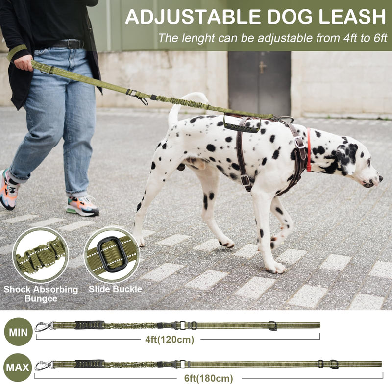 Tactical Dog Leash Heavy Duty, 4-6FT Shock Absorbing Bungee Dog Leash, Reflective Military Strong No Pull Dog Leash with 2 Padded Handle and Car Seatbelt for Medium Large Dogs, Army Green - PawsPlanet Australia