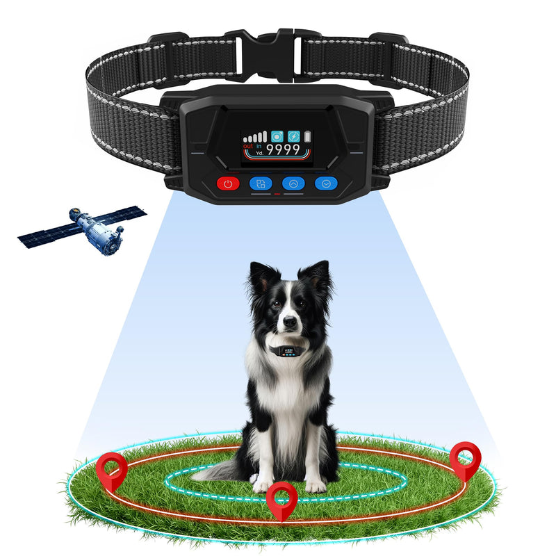 GPS Dog Collar Fence System - Invisible Electric Fence for Dogs with 3 Warning Modes, Adjustable Radius 33-9999Yards, IPX7 Waterproof Rechargeable Wireless Dog Fence for Outdoor Use Black 1 Collar