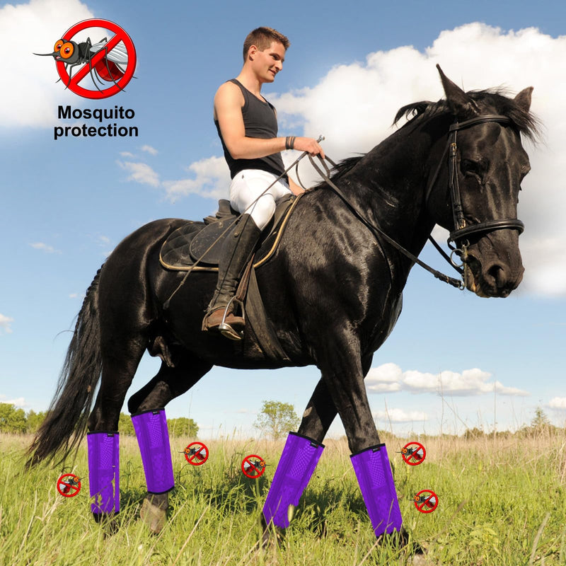 Horse Fly Boots, Breathable Mesh Protection Set of 4, Comfortable Horse Leggings, Breathable Mesh Design, Equine Supplies for Reduce Stomping, Hoof Damage & Leg Fatigue (Purple, Large) Purple Large (For average horses)