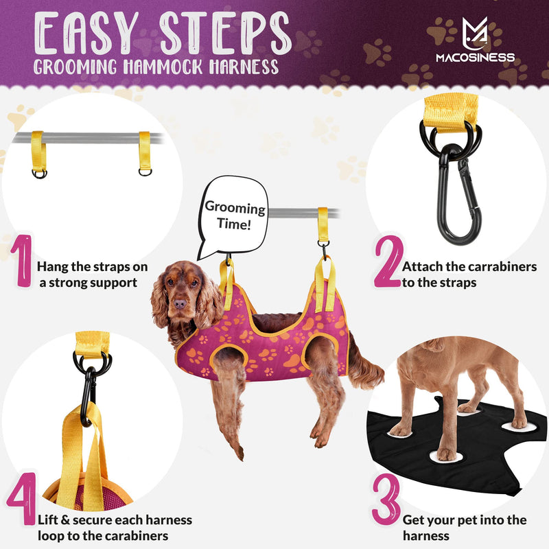 Pet Grooming Hammock for Nail Trimming - Complete Groomers Helper Set for Pet - Dog Grooming Hammock with Hook - Cat Nail Clipper - Dog Hammock for Nail Clipping (L, Purple with Gold Paws) PREMIUM SET - Purple with gold paws L - PawsPlanet Australia