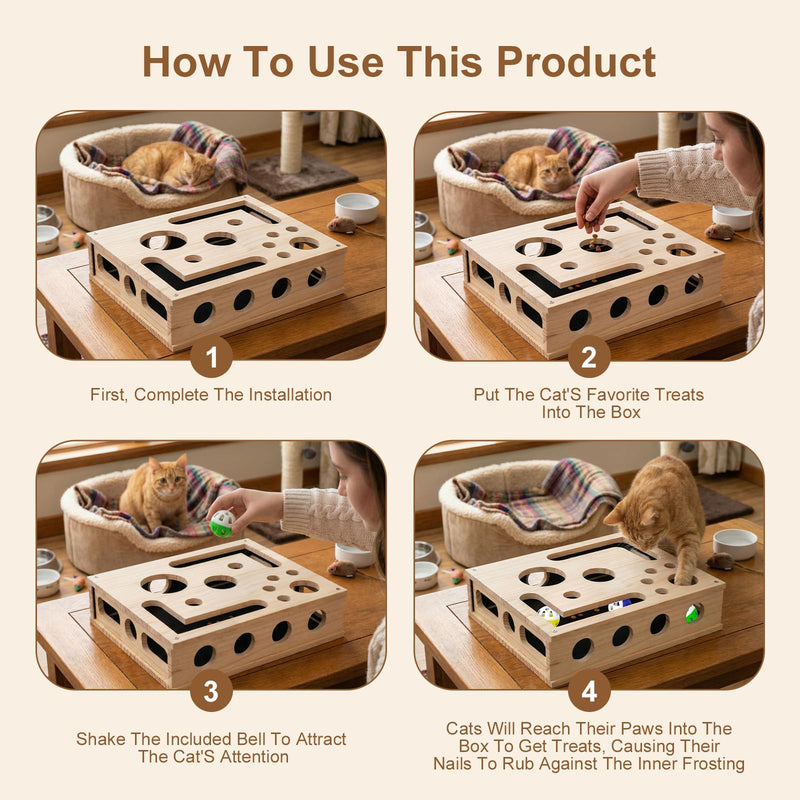 Cat Scratch Puzzle Enrichment Box, Maze Cat Nail File Scratcher & Built-in Sandpaper, Wooden Cat Nail File Enrichment Box, Stress-Free Alternative to Trimming Your Nails