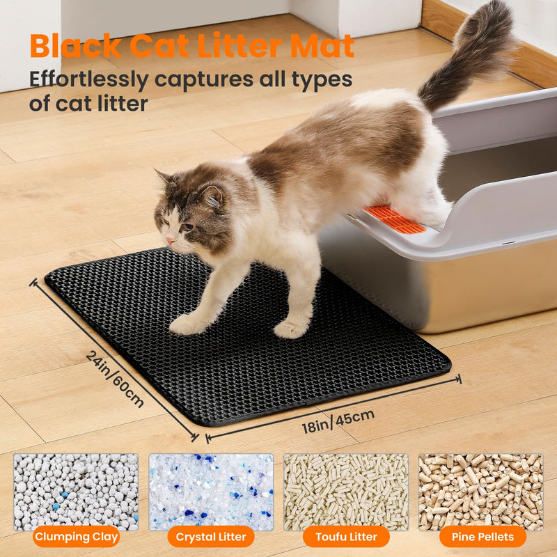 Cat Litter Mat, 24x18 Inches Large Double Layer Honeycomb Cat Litter Trapping Mat, Non Slip Waterproof Urine Proof Cat Litter Box Mat for Floor, Kitty Litter Rug, Cat Supplies, Black - PawsPlanet Australia