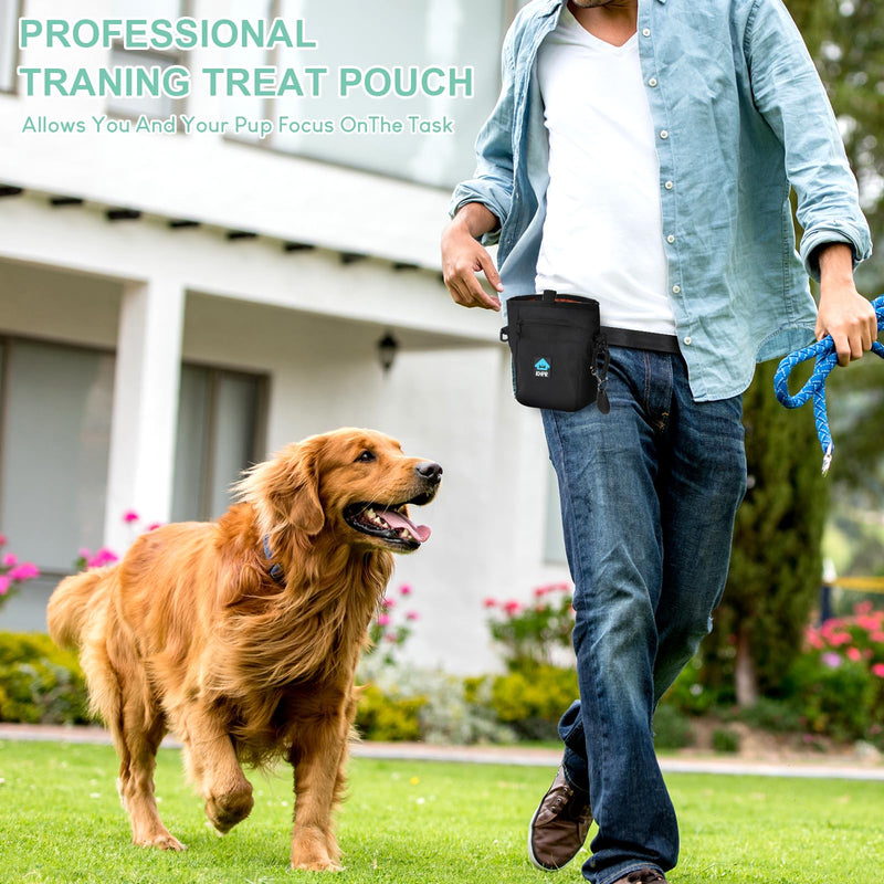 Dog Treat Pouch Magnetic Closure with Training Clicker，Hands-Free Design to Prevent Spills，Built in Poop Bag Dispenser，3 Ways To Wear，Metal Clip Waist Belt and Fanny Pack for Pet Walking（Black） Black - PawsPlanet Australia