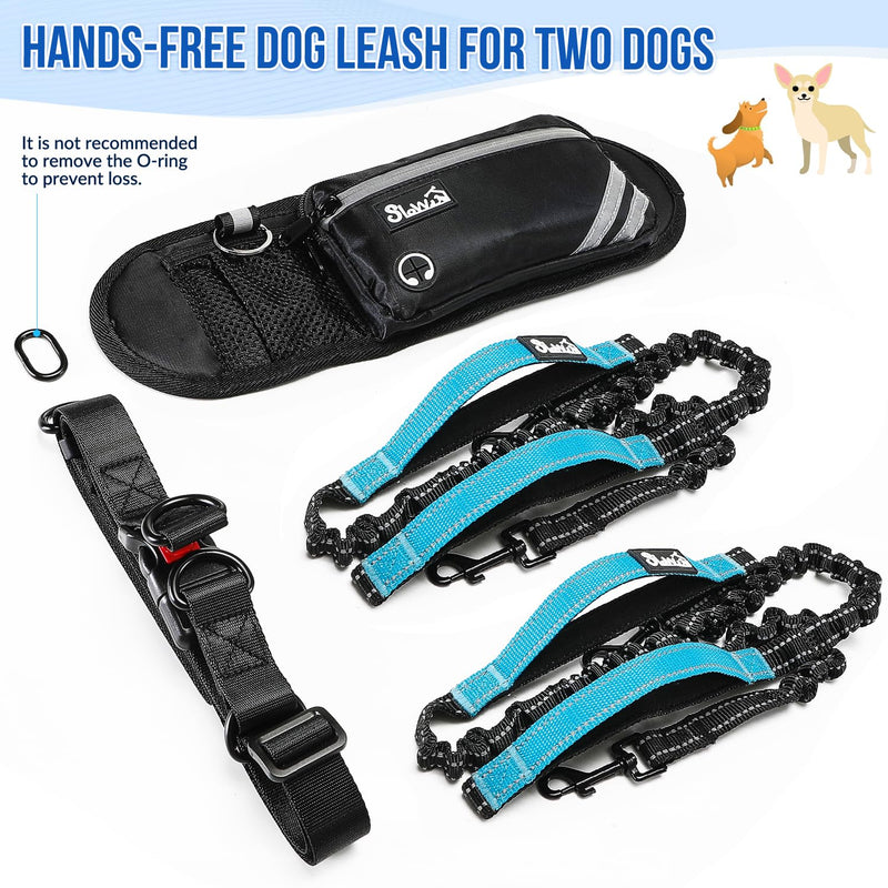 Hands Free Dog Leash for 2 Dogs, Adjustable Waist Belt with Zipper Pouch, Dual Handle Retractable Elastic Bungee with Reflective Stitches for Medium and Large Dogs Training Running 2 Leashes