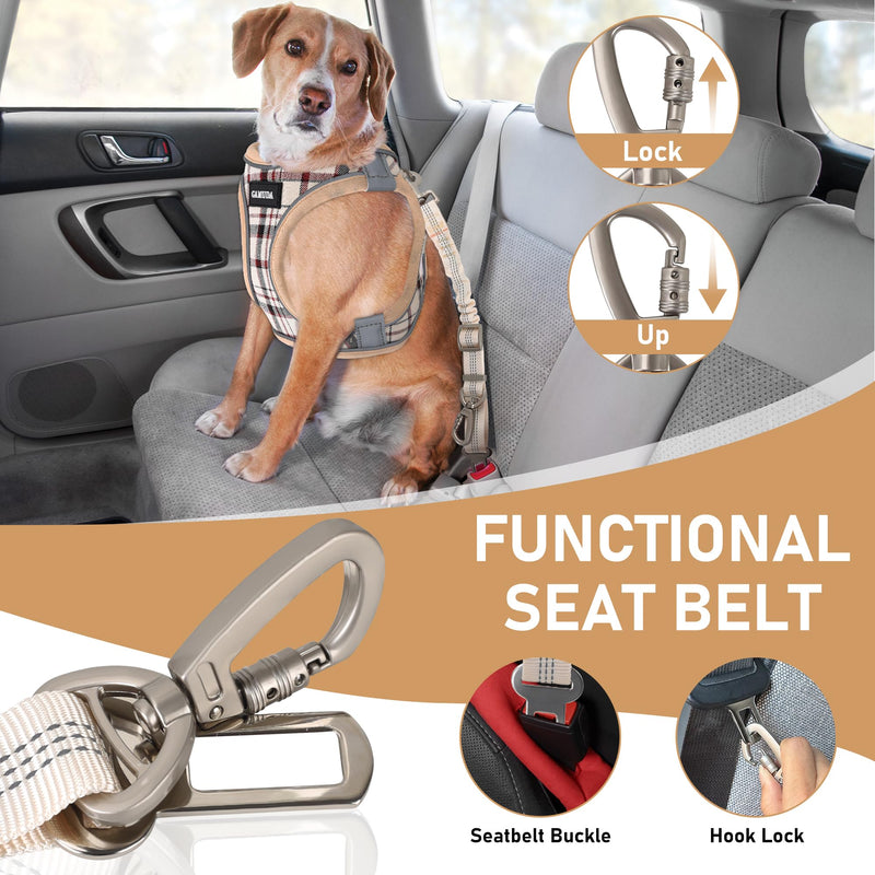 GAMUDA Dog Harness, Collar and Seat Belt Set, Vehicle Safety Harness, Retractable Adjustable Pet Seatbelts with Travel Strap and Carabiner for Most Cars (Beige, S) Beige - PawsPlanet Australia