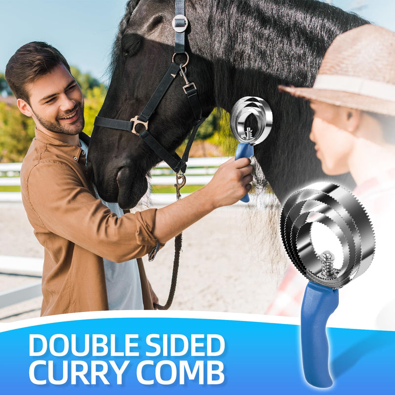 4 Rings Curry Comb Horse Brush, Reversible Stainless Steel Curry Comb Brush, Scraper With Handle Double Sided Shedding, Tool For Dog Horse Grooming Supplies (Blue) Blue - PawsPlanet Australia