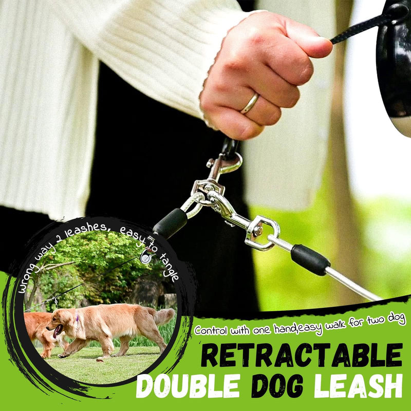 EXPAWLORER Retractable Double Dog Leash - Chew Proof, 2 No Tangle Strong Wire Ropes, 16 ft Heavy Duty Walk Leash for Medium & Large Dogs (Black & White) - PawsPlanet Australia