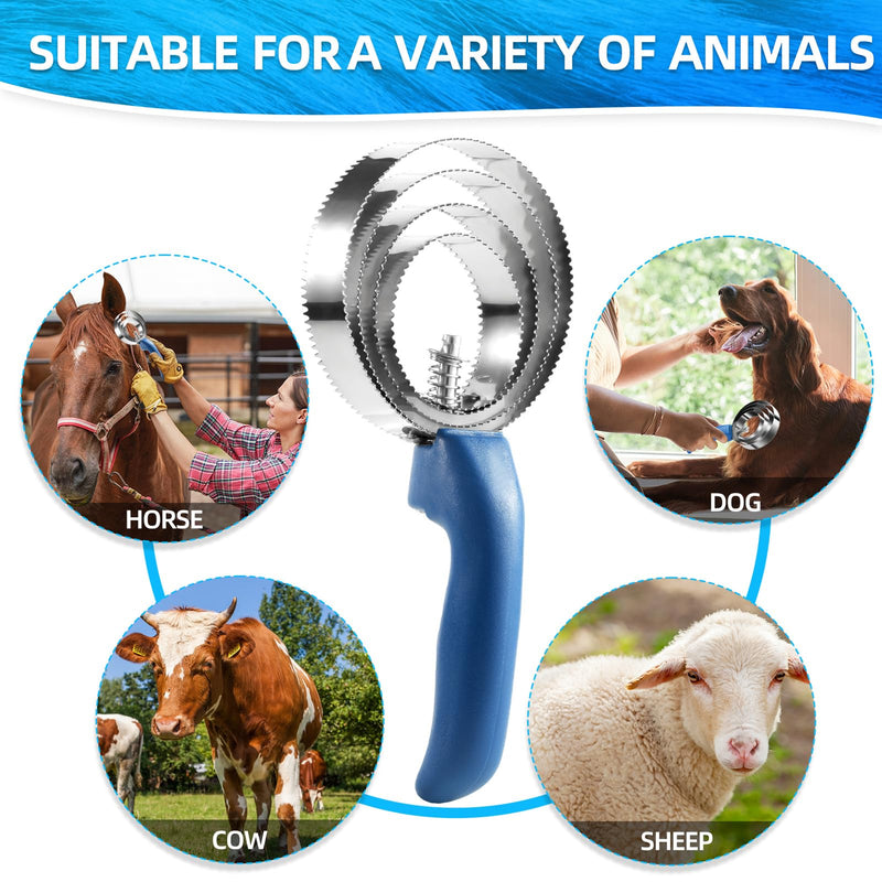 4 Rings Curry Comb Horse Brush, Reversible Stainless Steel Curry Comb Brush, Scraper With Handle Double Sided Shedding, Tool For Dog Horse Grooming Supplies (Blue) Blue - PawsPlanet Australia
