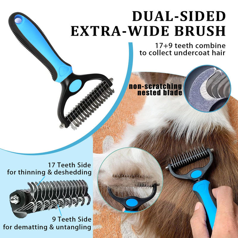 7PCS Dog Grooming Brush Kit for Shedding and Matted Fur, Self-Cleaning Slicker Brush with Undercoat Rake, Flea Comb for Long-Haired Pets, Blue - PawsPlanet Australia
