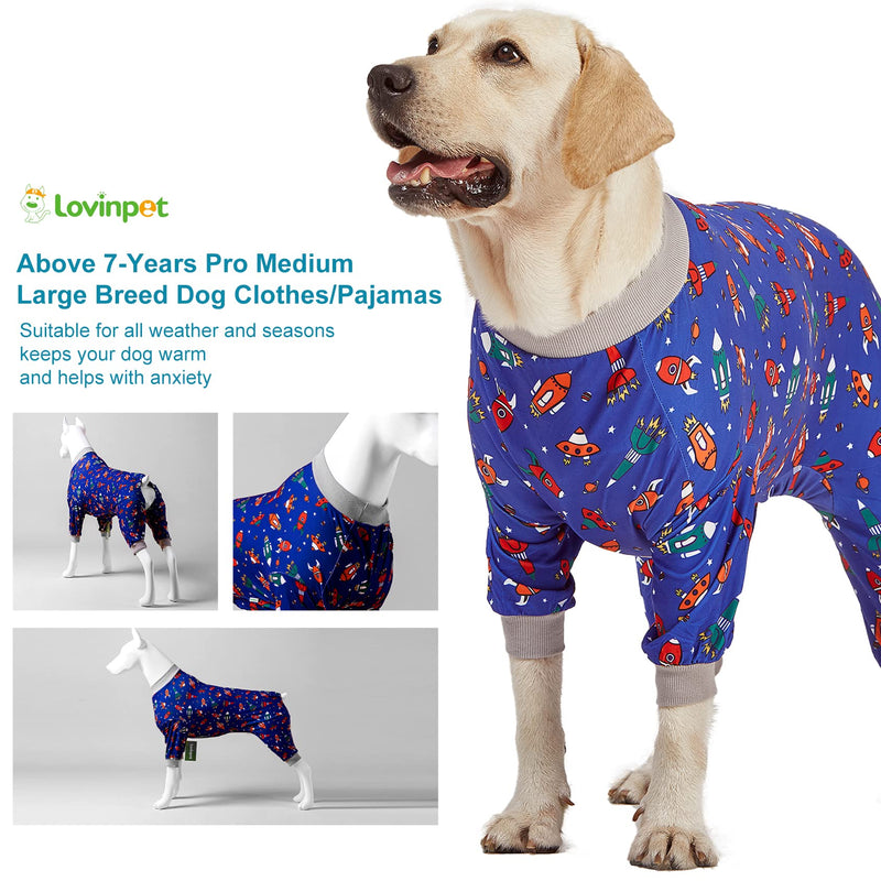 LovinPet Large Dog Pajamas, Navy Rocket and Spaceship Print, Lightweight Stretchy Knit Big Dog Pullover Shirt, Stop Shedding for Dogs, Onesies for Dogs, Pet PJ's Jumpsuit, PJ's for Pitbulls, 2XL XX-Large Grey Blue - PawsPlanet Australia