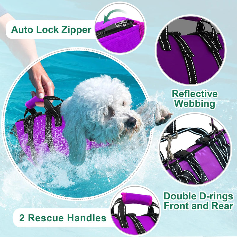 Fragralley Dog Life Jacket with Self-Locking Zipper, High-Buoyancy Ripstop Dog Swimming Vest, Floating Vest with Rescue Handle for Swimming and Boating, PFD Available for Small, Medium, and Large Dogs Purple X-Small - PawsPlanet Australia