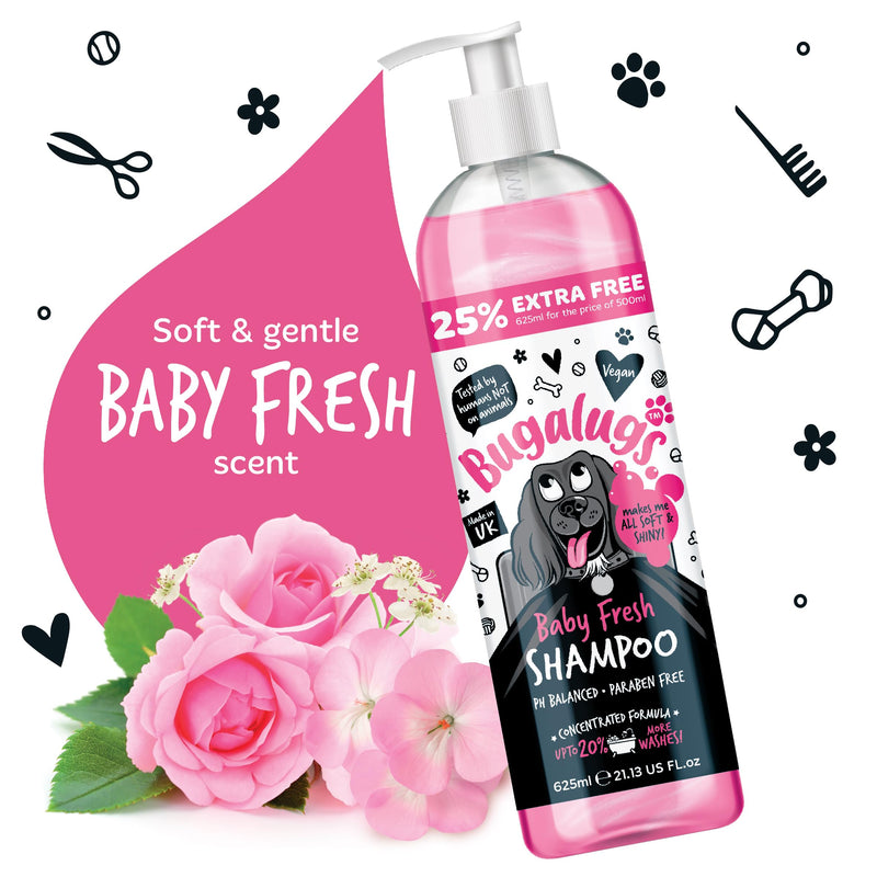 BUGALUGS Baby Fresh Dog Shampoo grooming products for smelly dogs with baby powder scent, best puppy shampoo, Vegan pet shampoo professional (625ml) 625ml