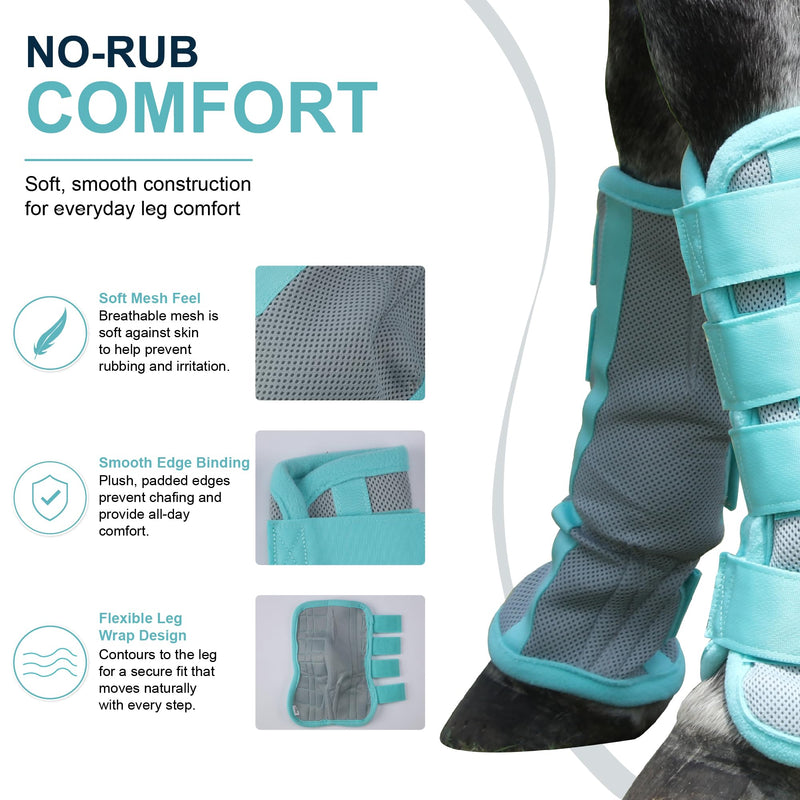 Horse Fly Boots Set of 4 - No-Rub Airflow Mesh Leggings to Reduce Stomping - Stay-on Breathable Horse Leg Wraps for Pasture, Stable & Field Green Full