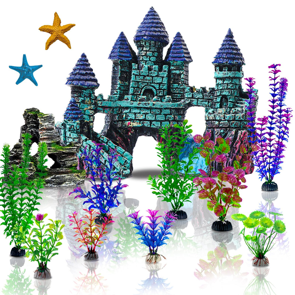 13 Pieces Aquarium Decorations Kit, Fish Tank Decorations Set Small Resin Castle and Rockery Betta Fish Cave Hideout Coral Artificial Plastic Plants Ornament Accessories Blue,green,purple