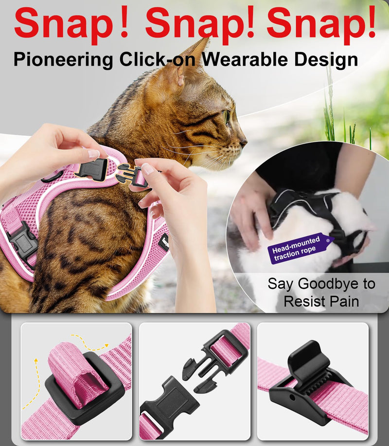 Cat Harness and Leash for Walking Escape Proof Soft Adjustable Cat Leash Breathable Comfortable Vest Easy to Wear Kitten Harness for Outdoor Travel Pink S S (7-12lb) - PawsPlanet Australia