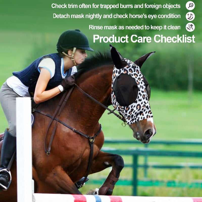 Horse Fly Mask with Ears - Equine Fly Mask for Horses with Sunlight Protection, Large Eye Space with Breathable Elastic Fabric, Funny Horse Mask Suitable for Average Size Horses Leopard Print Medium - PawsPlanet Australia