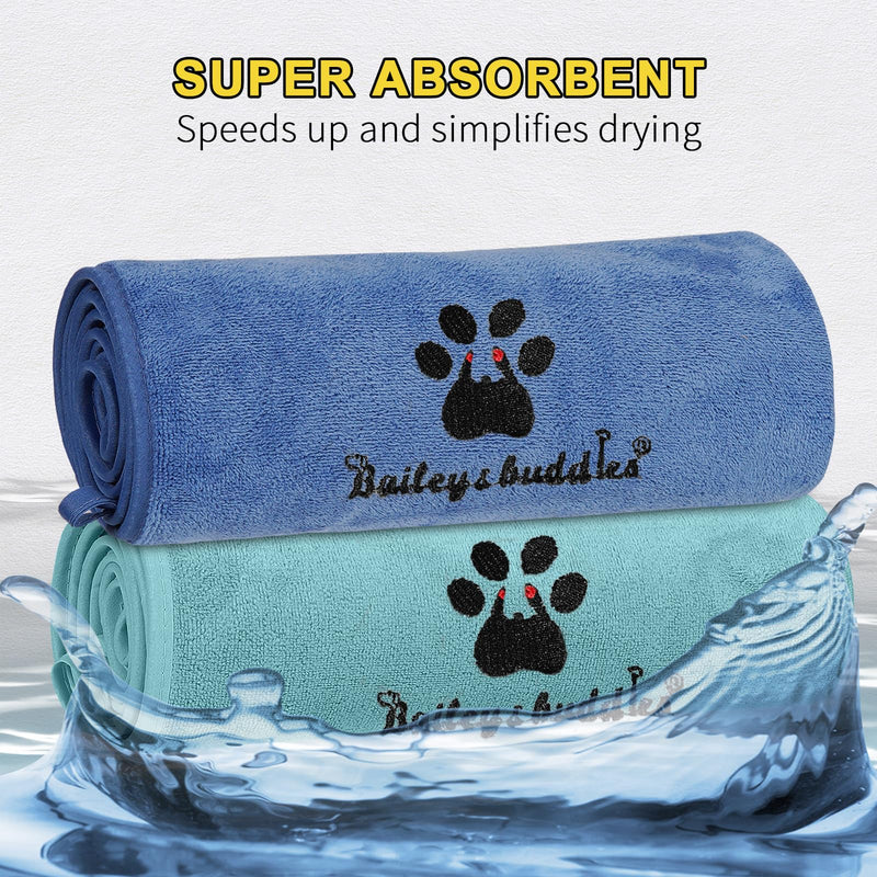 Bailey & buddies Dog Towels – Super Absorbent Microfibre Pet Towel Set (2 Pack, Green & Blue) | Quick Dry, Soft & Durable, 100×50cm for Dogs, Cats & Other Pets