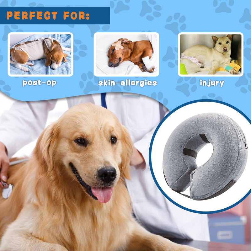 Inflatable Dog Cone Collar (M Size), Soft Blow-up Protective Recovery Dog Collar, Pet Donut Cone Collar, Comfy Elizabethan Collar After Surgery for Medium Dog to Prevent Biting Scratching, Grey [Neck: 8"-12"] Medium - PawsPlanet Australia