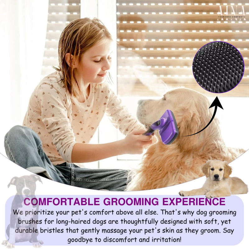 AINA Self-Cleaning Pet Grooming Brush | Pet Slicker Brush for Dogs & Cats Detangling & Fur Removal with Click Clean Button | Effective & Comfortable Pet Deshedding Brush, Perfect for Pet Grooming Large Purple - PawsPlanet Australia
