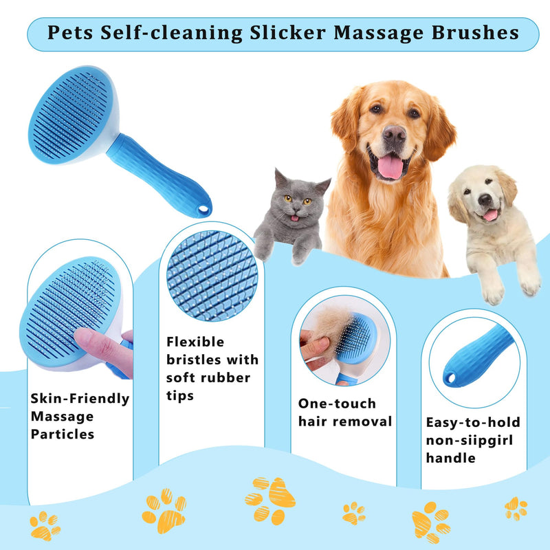 7PCS Dog Grooming Brush Kit for Shedding and Matted Fur, Self-Cleaning Slicker Brush with Undercoat Rake, Flea Comb for Long-Haired Pets, Blue - PawsPlanet Australia