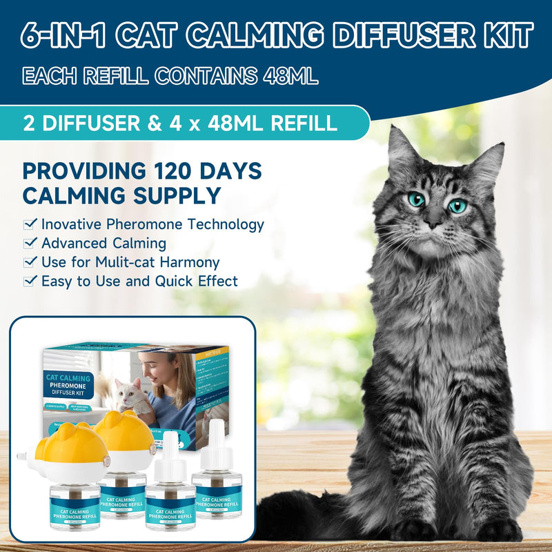 VICSOM Cat Calming Diffuser Kit, Cat Pheromones Calming Diffuser for Cat, 6-in-1 Cat Calm Plug in Kit with 2 Diffuser + 4 Refill, 120 Days Anti Anxiety Relief Stress Effect 2 diffuser+4 refills