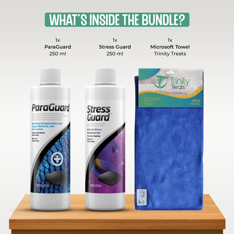 ParaGuard 250ml and StressGuard 250ml for Fresh and Saltwater Including Trinity Treats Microfiber Cleaning Cloth(Paraguard Aquarium Water Treatment, Stressguard Slime Coat Protection) - PawsPlanet Australia