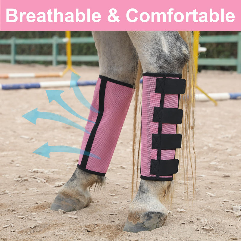 Adjustable Horse Fly Boots Set of 4, Breathable Mesh Fly Boots for Horses, Equine Leg Protection Reduce Stomping, Horse Leggings Leg Guards Pink Large - PawsPlanet Australia