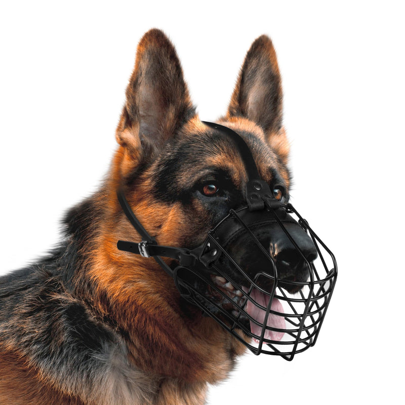 German Shepherd Dog Muzzle Metal Basket for Medium Large Dogs Adjustable Durable Leather Straps Secure Wire Mask for Biting Chewing Barking (Black, L - Size)