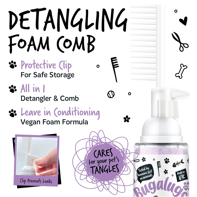 Bugalugs Pet Detangler Foam Comb - leave In conditioner spray for de matting. No tangles. Professional dog grooming formula with Wheat protein. Dog Detangler Spray knot removal (Lavender & Chamomile) Lavender & Chamomile