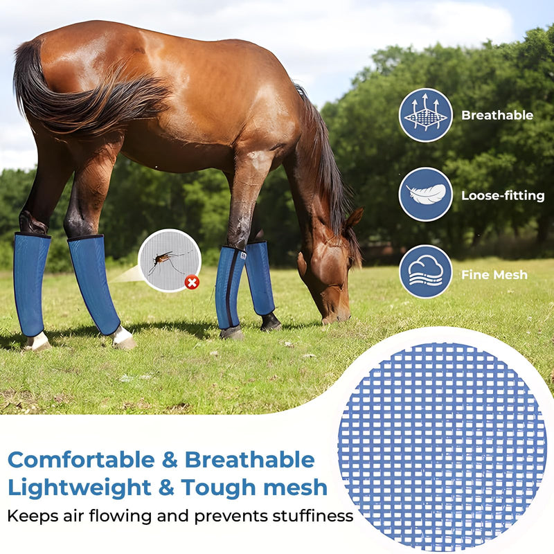 Mesh Horse Fly Boots Set of 4，Adjustable and Universal Loose Fitting & Non-Slip Horse Fly Leggings for Horses,Reduce Stressful Stomping (Blue) Blue