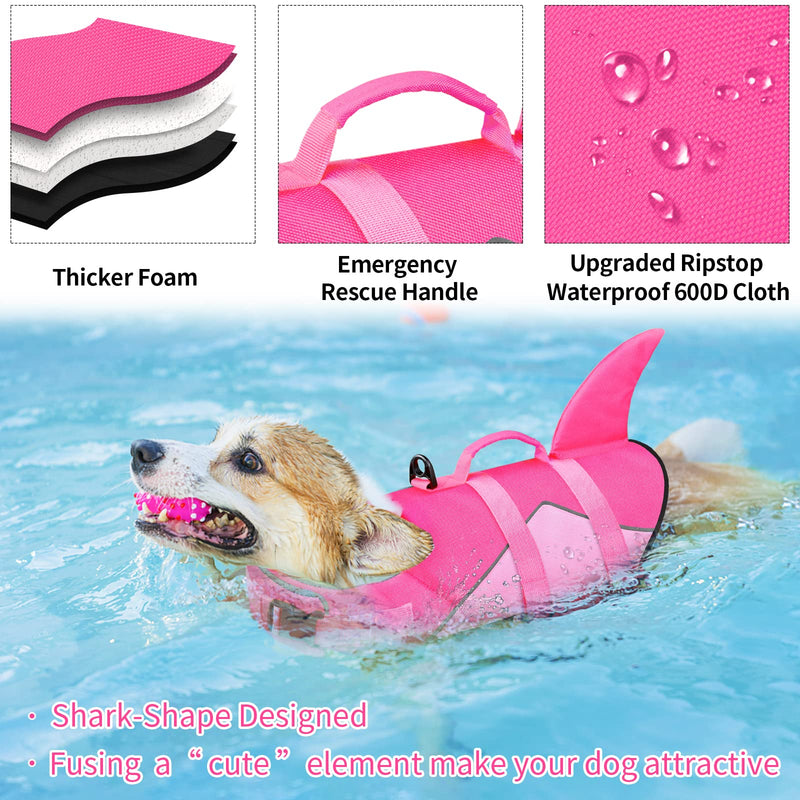 Malier Dog Life Jacket, Ripstop Dog Life Vest with Rescue Handle for Swimming Boating, Reflective Puppy Life Jackets Dog Shark Life Jacket with Adjustable Strap for Small Medium Large Dogs (Large) Pink-Shark