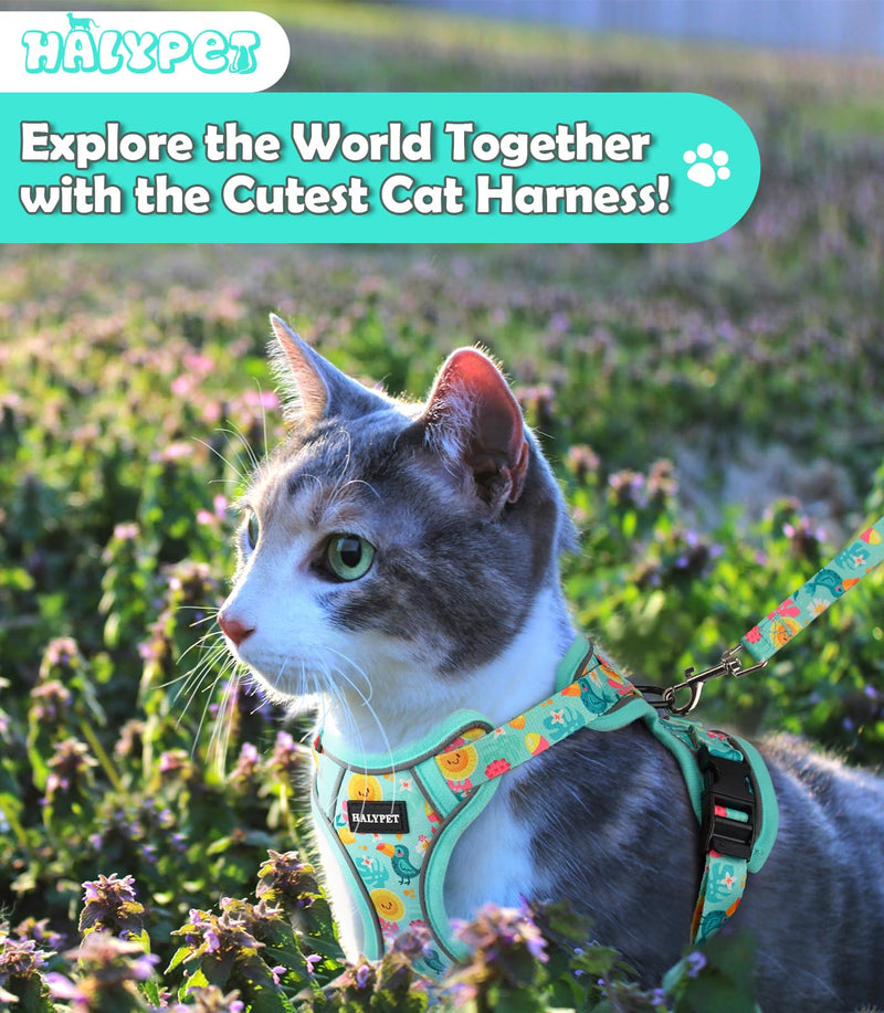 Halypet Cat Harness and Leash Set[MAX Safety 4th-Gen] Cute Escape Proof Vest Harness for Girl&Boy Cat Walking, Comfortable Adjustable Leash and Reflective Strips for Outdoor Kitten, XS Green Tropics H603 Pro Green Tropics X-Small (4-6lb)
